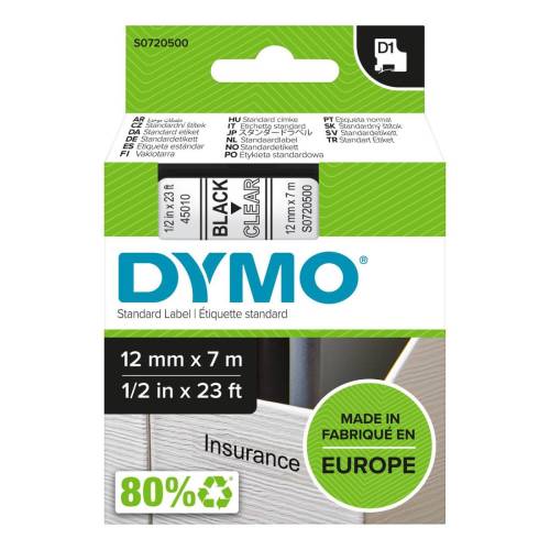 Nastro D1 450100 - 12 mm x 7 mt - nero/trasparente - Dymo