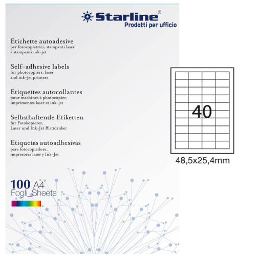 Etichette adesive - permanenti - 48,5 x 25,4 mm - 40 et/fg - 100 fogli A4 - bianco - Starline